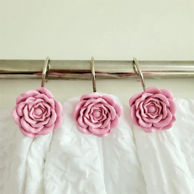 Main image of Pink Rose Shower Curtain Hooks Set of 12 Pink Rose Flower Shower Rings Pack of 12