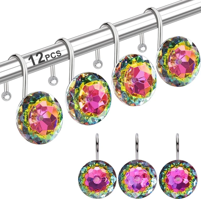 Main image of Round Heavy Duty Design (Black), Rust Proof Metal Crystal Rhinestones Bling Shower Curtain Rings Hangers for Shower Curtains Decorative, 12PCS Stainless Steel Shower Curtain Hooks Rings for Bathroom