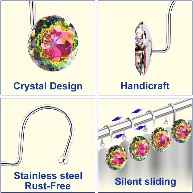 Alt view image 4 of 7 - Round Heavy Duty Design (Black), Rust Proof Metal Crystal Rhinestones Bling Shower Curtain Rings Hangers for Shower Curtains Decorative, 12PCS Stainless Steel Shower Curtain Hooks Rings for Bathroom
