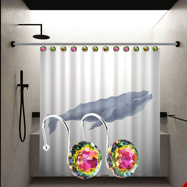 Alt view image 7 of 7 - Round Heavy Duty Design (Black), Rust Proof Metal Crystal Rhinestones Bling Shower Curtain Rings Hangers for Shower Curtains Decorative, 12PCS Stainless Steel Shower Curtain Hooks Rings for Bathroom