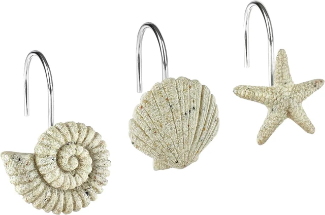 Main image of Nautical Bathroom Decoration Beach Shower Curtain Hooks-12 Pack, Natural Sand and Stone Ocean Creatures Coastal Shower Curtain Rings, Seashells Starfish Conch Decorative Shower Curtain Hooks