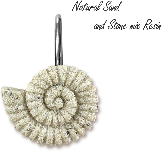 Alt view image 2 of 7 - Nautical Bathroom Decoration Beach Shower Curtain Hooks-12 Pack, Natural Sand and Stone Ocean Creatures Coastal Shower Curtain Rings, Seashells Starfish Conch Decorative Shower Curtain Hooks