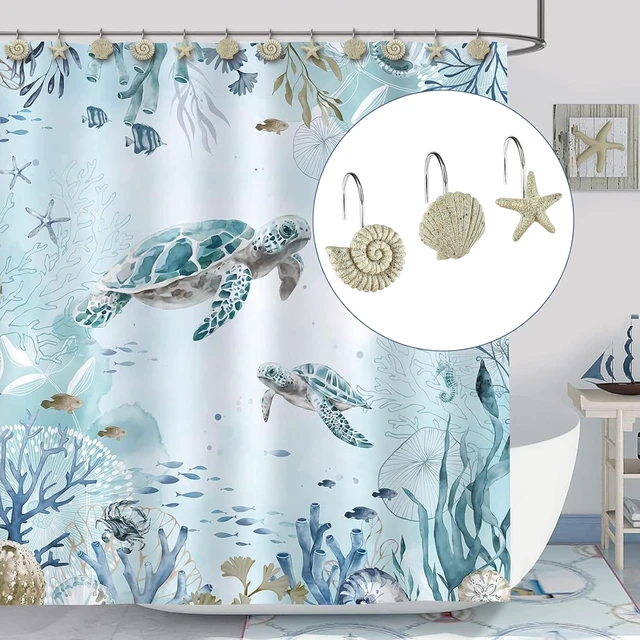 Alt view image 3 of 7 - Nautical Bathroom Decoration Beach Shower Curtain Hooks-12 Pack, Natural Sand and Stone Ocean Creatures Coastal Shower Curtain Rings, Seashells Starfish Conch Decorative Shower Curtain Hooks