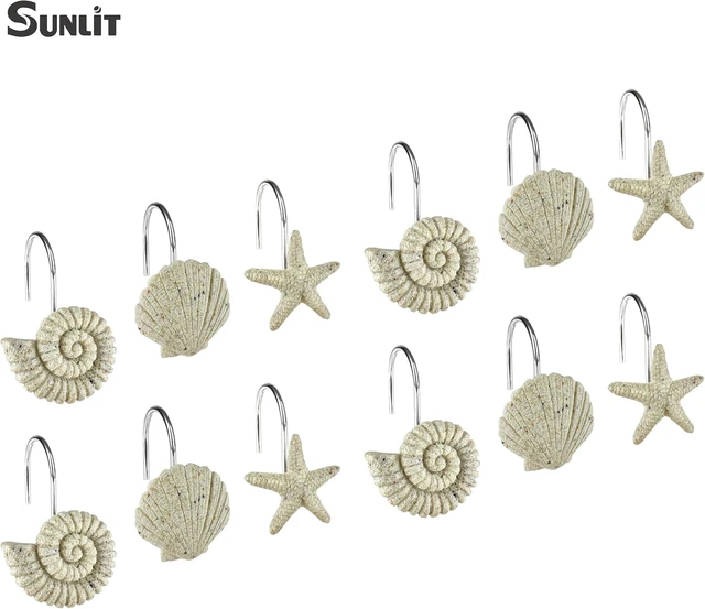 Alt view image 5 of 7 - Nautical Bathroom Decoration Beach Shower Curtain Hooks-12 Pack, Natural Sand and Stone Ocean Creatures Coastal Shower Curtain Rings, Seashells Starfish Conch Decorative Shower Curtain Hooks