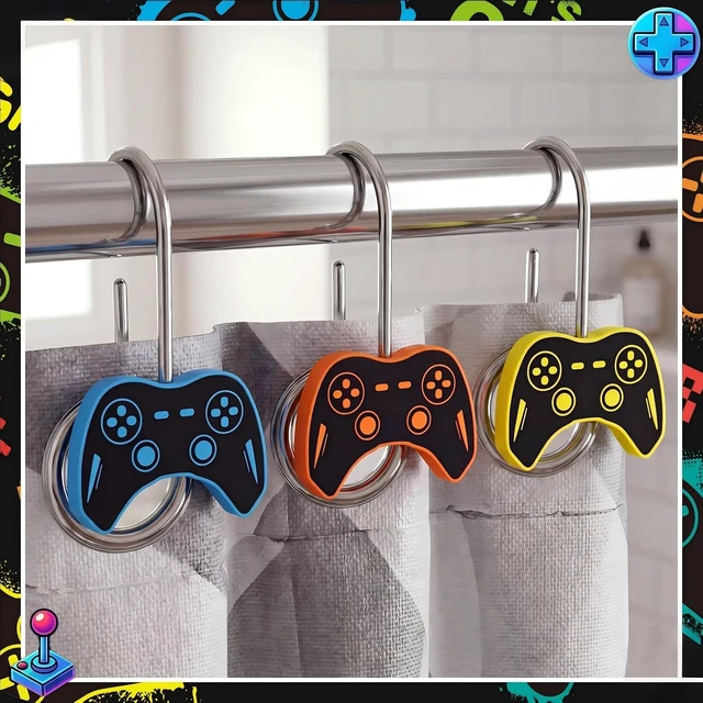 Alt view image 2 of 6 - 12 Pcs Game Shower Curtain Hooks Video Game Controller Decorative Shower Curtain Hangers Rust Hooks Rings for Bathroom Rods Curtains Bedroom Restroom Decoration