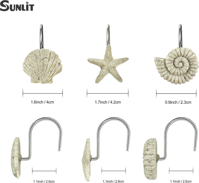 Alt view image 4 of 7 - Nautical Bathroom Decoration Beach Shower Curtain Hooks-12 Pack, Natural Sand and Stone Ocean Creatures Coastal Shower Curtain Rings, Seashells Starfish Conch Decorative Shower Curtain Hooks
