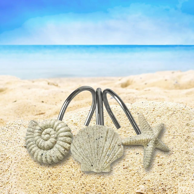 Alt view image 6 of 7 - Nautical Bathroom Decoration Beach Shower Curtain Hooks-12 Pack, Natural Sand and Stone Ocean Creatures Coastal Shower Curtain Rings, Seashells Starfish Conch Decorative Shower Curtain Hooks