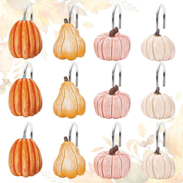 Main image of 12 Pcs Fall Shower Curtain Hooks 4 Designs Pumpkin Curtain Rings Autumn Thanksgiving Decorative Hanger Hooks for Bedroom Bathroom Decor