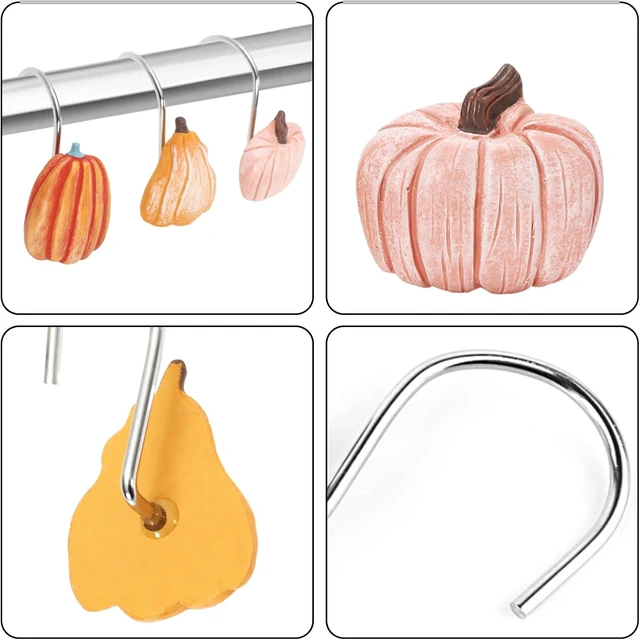 Alt view image 3 of 7 - 12 Pcs Fall Shower Curtain Hooks 4 Designs Pumpkin Curtain Rings Autumn Thanksgiving Decorative Hanger Hooks for Bedroom Bathroom Decor