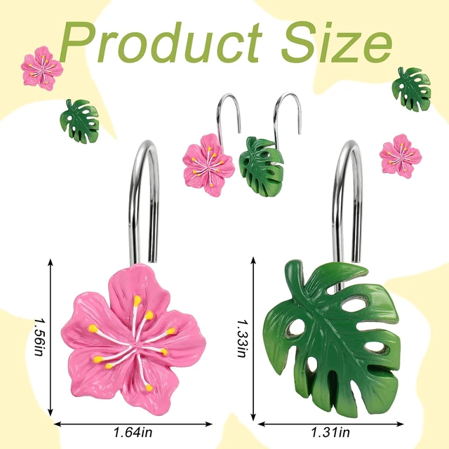 Alt view image 2 of 7 - 12 Pcs Hawaiian Flower Monstera Shower Curtain Hooks Tropical Palm Leaf Floral Shower Rings Green Pink Decorative Hanger Hooks for Summer Bathroom Bedroom Living Room Decor