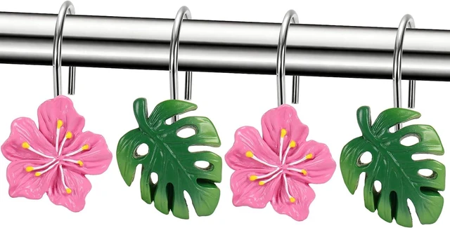 Main image of 12 Pcs Hawaiian Flower Monstera Shower Curtain Hooks Tropical Palm Leaf Floral Shower Rings Green Pink Decorative Hanger Hooks for Summer Bathroom Bedroom Living Room Decor