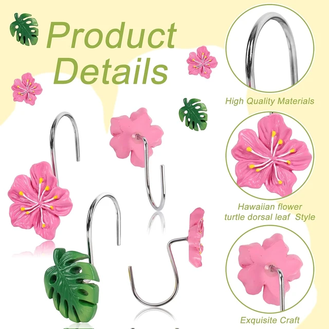 Alt view image 3 of 7 - 12 Pcs Hawaiian Flower Monstera Shower Curtain Hooks Tropical Palm Leaf Floral Shower Rings Green Pink Decorative Hanger Hooks for Summer Bathroom Bedroom Living Room Decor
