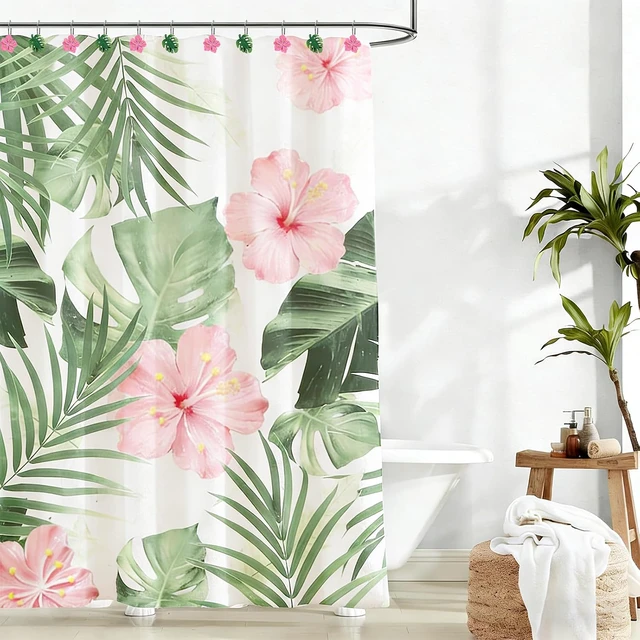 Alt view image 4 of 7 - 12 Pcs Hawaiian Flower Monstera Shower Curtain Hooks Tropical Palm Leaf Floral Shower Rings Green Pink Decorative Hanger Hooks for Summer Bathroom Bedroom Living Room Decor