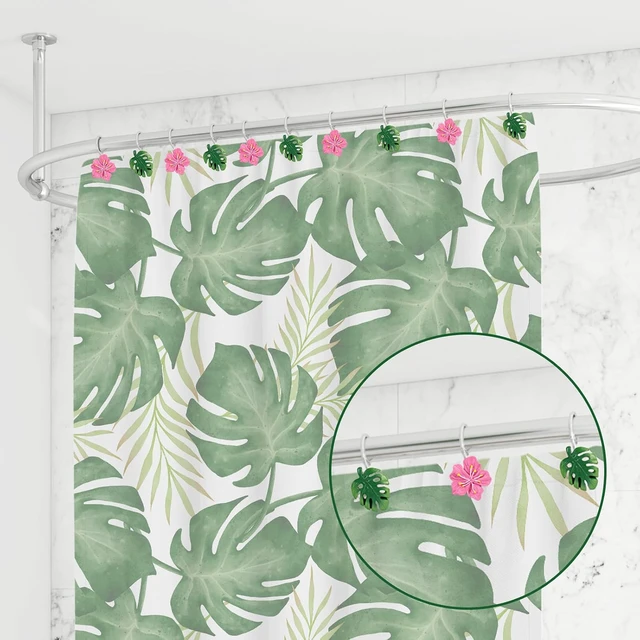 Alt view image 6 of 7 - 12 Pcs Hawaiian Flower Monstera Shower Curtain Hooks Tropical Palm Leaf Floral Shower Rings Green Pink Decorative Hanger Hooks for Summer Bathroom Bedroom Living Room Decor