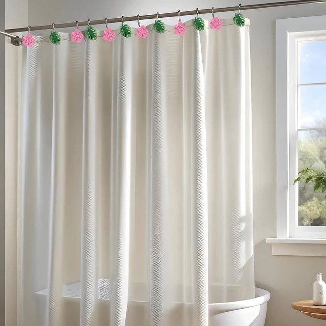Alt view image 7 of 7 - 12 Pcs Hawaiian Flower Monstera Shower Curtain Hooks Tropical Palm Leaf Floral Shower Rings Green Pink Decorative Hanger Hooks for Summer Bathroom Bedroom Living Room Decor