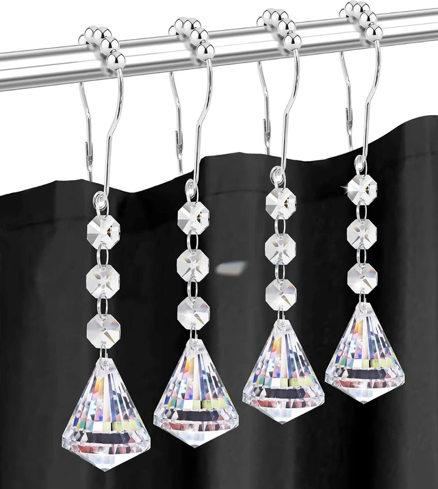 Main image of Stainless Steel Rust Resistant Curtain Rings (Clear Diamond), 12PCS Shower Hooks with Gemstone Crystal Bead Charms, Shower Curtain Hooks Rings for Bathroom
