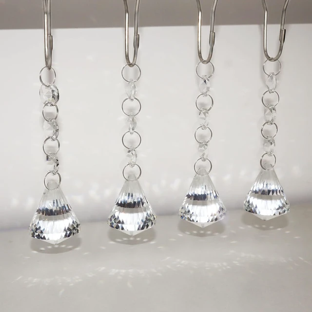 Alt view image 6 of 6 - Stainless Steel Rust Resistant Curtain Rings (Clear Diamond), 12PCS Shower Hooks with Gemstone Crystal Bead Charms, Shower Curtain Hooks Rings for Bathroom