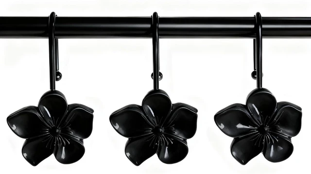Main image of Living Room Creative Home Accessories (Black), Bedroom, Decorative Resin Cherry Blossom Shower Hooks for Bathroom, 12 Pcs Rust-Proof Metal Hanging Rings, Vanda Flower Shower Curtain Hooks