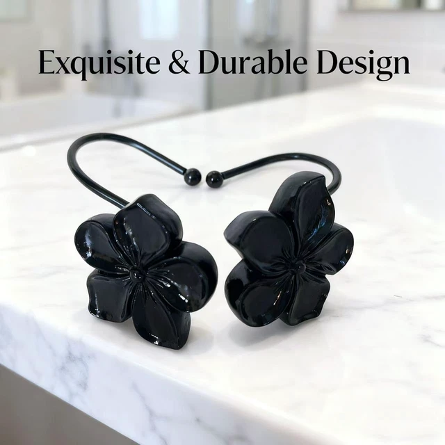 Alt view image 3 of 7 - Living Room Creative Home Accessories (Black), Bedroom, Decorative Resin Cherry Blossom Shower Hooks for Bathroom, 12 Pcs Rust-Proof Metal Hanging Rings, Vanda Flower Shower Curtain Hooks