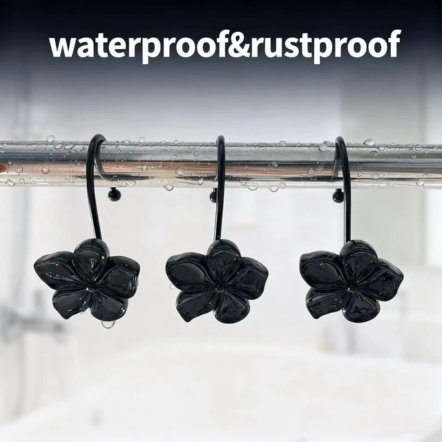 Alt view image 5 of 7 - Living Room Creative Home Accessories (Black), Bedroom, Decorative Resin Cherry Blossom Shower Hooks for Bathroom, 12 Pcs Rust-Proof Metal Hanging Rings, Vanda Flower Shower Curtain Hooks