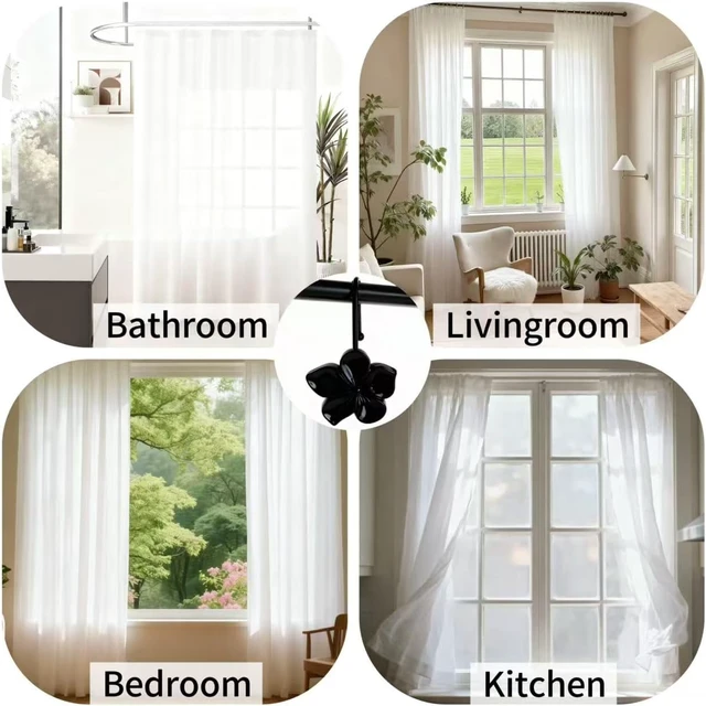 Alt view image 7 of 7 - Living Room Creative Home Accessories (Black), Bedroom, Decorative Resin Cherry Blossom Shower Hooks for Bathroom, 12 Pcs Rust-Proof Metal Hanging Rings, Vanda Flower Shower Curtain Hooks