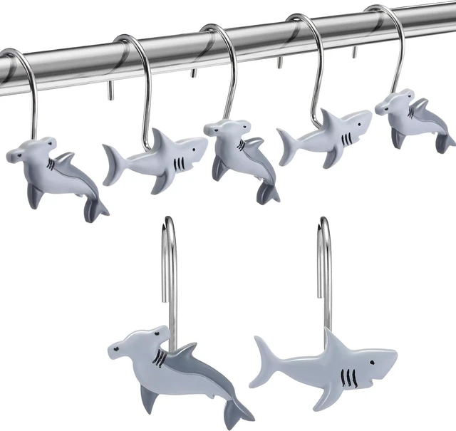Main image of 12 Pcs Shark Shower Curtain Hooks Decorative Shower Curtain Hangers Rings Rust Proof 2 Styles Cute Shark Bathroom Accessories for Sea Ocean Nautical Theme Bedroom Living Room Decor