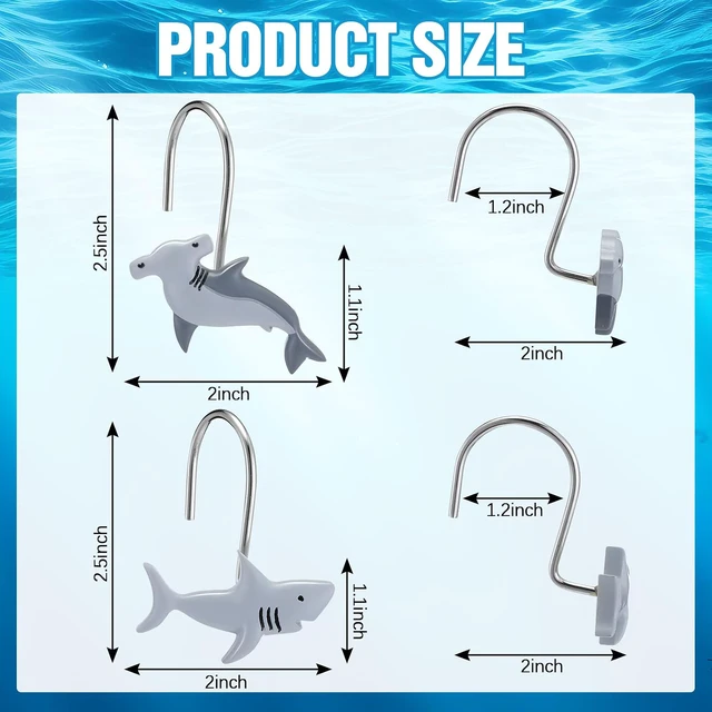Alt view image 2 of 7 - 12 Pcs Shark Shower Curtain Hooks Decorative Shower Curtain Hangers Rings Rust Proof 2 Styles Cute Shark Bathroom Accessories for Sea Ocean Nautical Theme Bedroom Living Room Decor