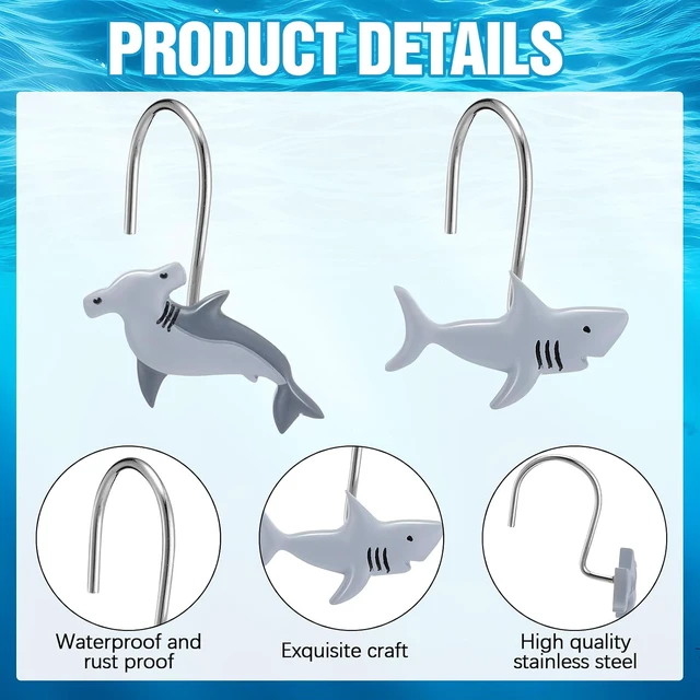 Alt view image 3 of 7 - 12 Pcs Shark Shower Curtain Hooks Decorative Shower Curtain Hangers Rings Rust Proof 2 Styles Cute Shark Bathroom Accessories for Sea Ocean Nautical Theme Bedroom Living Room Decor