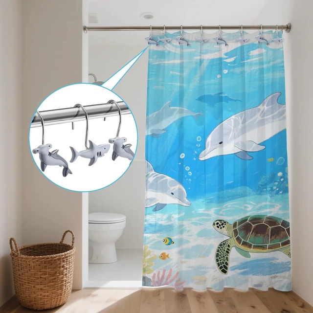 Alt view image 6 of 7 - 12 Pcs Shark Shower Curtain Hooks Decorative Shower Curtain Hangers Rings Rust Proof 2 Styles Cute Shark Bathroom Accessories for Sea Ocean Nautical Theme Bedroom Living Room Decor