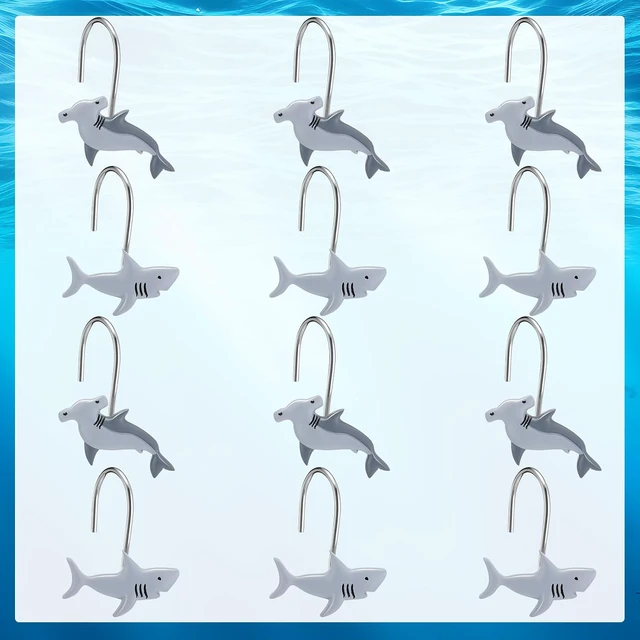 Alt view image 7 of 7 - 12 Pcs Shark Shower Curtain Hooks Decorative Shower Curtain Hangers Rings Rust Proof 2 Styles Cute Shark Bathroom Accessories for Sea Ocean Nautical Theme Bedroom Living Room Decor