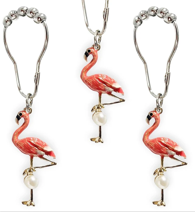 Main image of Pink Flamingo Bathroom Decor Summer Beach Decorative Shower Curtain Hooks Rings Bathroom Decorative Accessories Set of 12, Flamingo Shower Curtain Hooks
