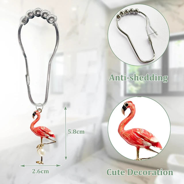 Alt view image 2 of 5 - Pink Flamingo Bathroom Decor Summer Beach Decorative Shower Curtain Hooks Rings Bathroom Decorative Accessories Set of 12, Flamingo Shower Curtain Hooks