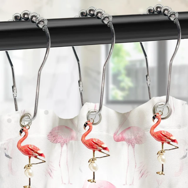 Alt view image 3 of 5 - Pink Flamingo Bathroom Decor Summer Beach Decorative Shower Curtain Hooks Rings Bathroom Decorative Accessories Set of 12, Flamingo Shower Curtain Hooks