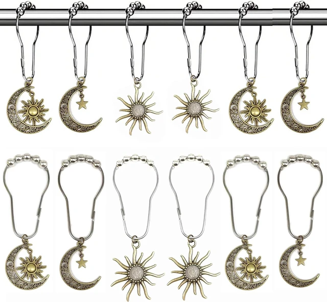 Main image of Antique Bronze Shower Curtain Rings with Smooth Glide Rollers (Bronze), Sun Moon Stars Boho Bathroom Decor, Celestial Shower Curtain Hooks 12 Pack