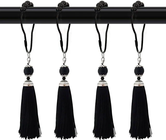 Main image of Black, Farmhouse Boho Bathroom Decor, 12Pcs Tassel Shower Curtain Hooks