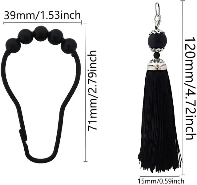 Alt view image 2 of 7 - Black, Farmhouse Boho Bathroom Decor, 12Pcs Tassel Shower Curtain Hooks