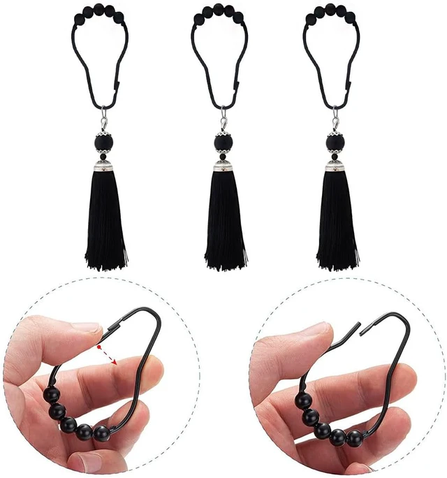 Alt view image 3 of 7 - Black, Farmhouse Boho Bathroom Decor, 12Pcs Tassel Shower Curtain Hooks