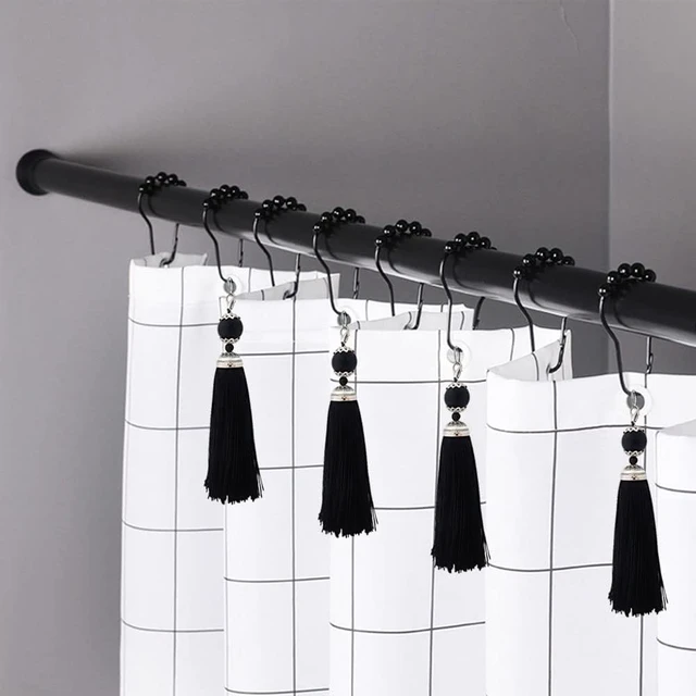 Alt view image 4 of 7 - Black, Farmhouse Boho Bathroom Decor, 12Pcs Tassel Shower Curtain Hooks