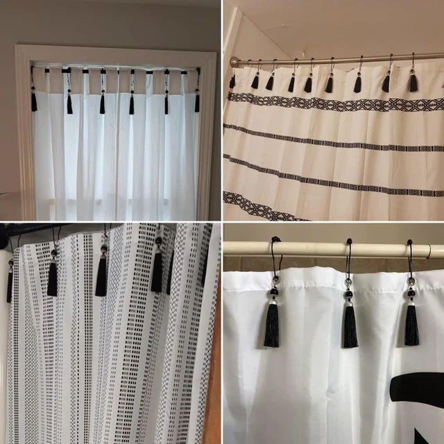 Alt view image 6 of 7 - Black, Farmhouse Boho Bathroom Decor, 12Pcs Tassel Shower Curtain Hooks