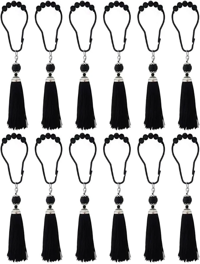 Alt view image 7 of 7 - Black, Farmhouse Boho Bathroom Decor, 12Pcs Tassel Shower Curtain Hooks
