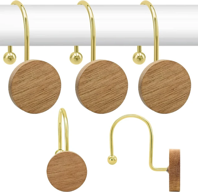 Main image of Living Room (Gold), Bedroom, Bathroom, 12PCS Metal Shower Hooks for Shower Curtain Rod, Modern Round Log Shower Curtain Hangers, Wood Decorative Shower Curtain Rings, Shower Curtain Hooks