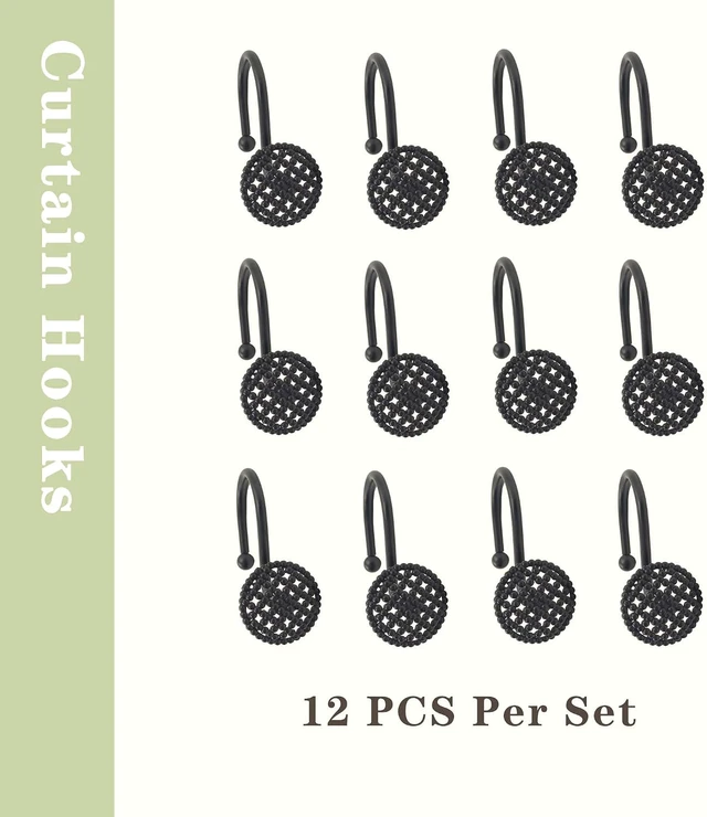 Alt view image 6 of 7 - Rust Proof Heavy Duty Metal Shower Hangers for Bathroom Rods, 12 Pack Modern 3D Beaded Decorative Shower Curtain Rings, Black Shower Curtain Hooks