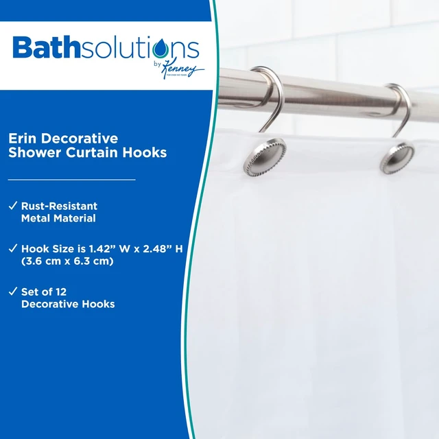 Alt view image 2 of 6 - Brushed Nickel, Set of 12, Easy to Install, Bathroom Use, KN62151 Erin Rust-Resistant Metal Decorative Classic Shower Curtain Hooks for Shower Curtain and Standard Shower Curtain Rod