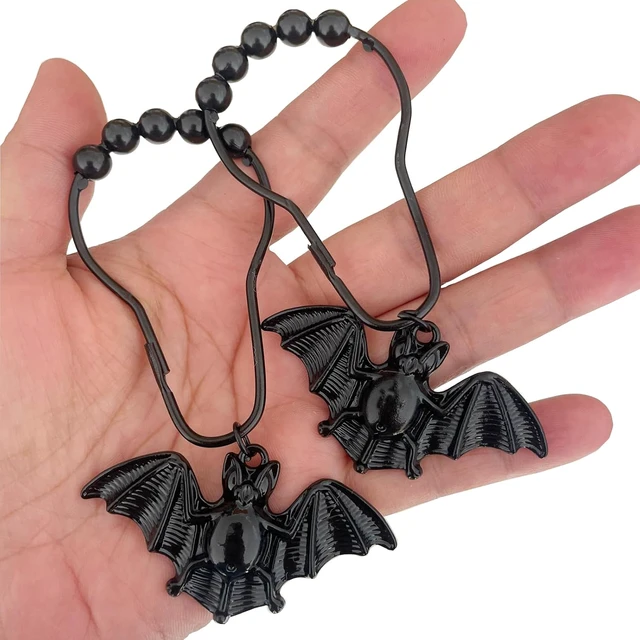 Alt view image 2 of 7 - 12PCS, Gothic Black Vampire Bats Bathroom Decor, Bat Shower Curtain Hooks