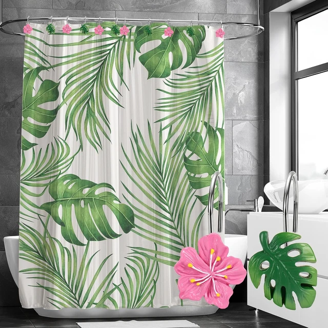 Alt view image 5 of 7 - 12 Pcs Hawaiian Flower Monstera Shower Curtain Hooks Tropical Palm Leaf Floral Shower Rings Green Pink Decorative Hanger Hooks for Summer Bathroom Bedroom Living Room Decor
