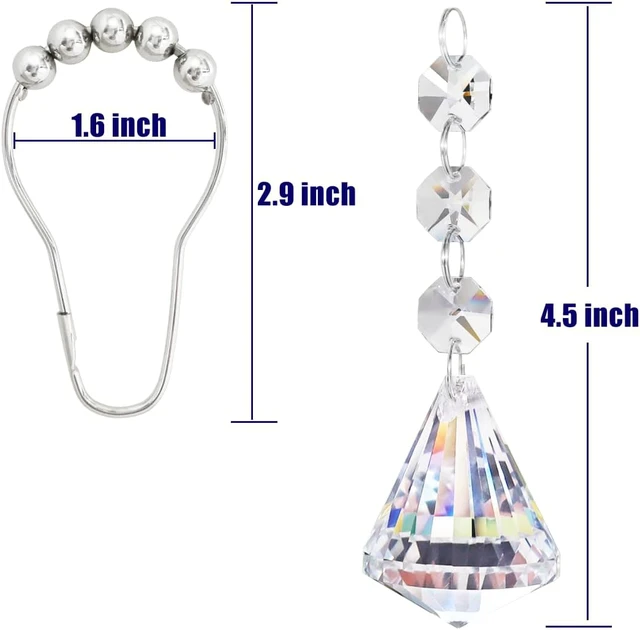 Alt view image 2 of 6 - Stainless Steel Rust Resistant Curtain Rings (Clear Diamond), 12PCS Shower Hooks with Gemstone Crystal Bead Charms, Shower Curtain Hooks Rings for Bathroom