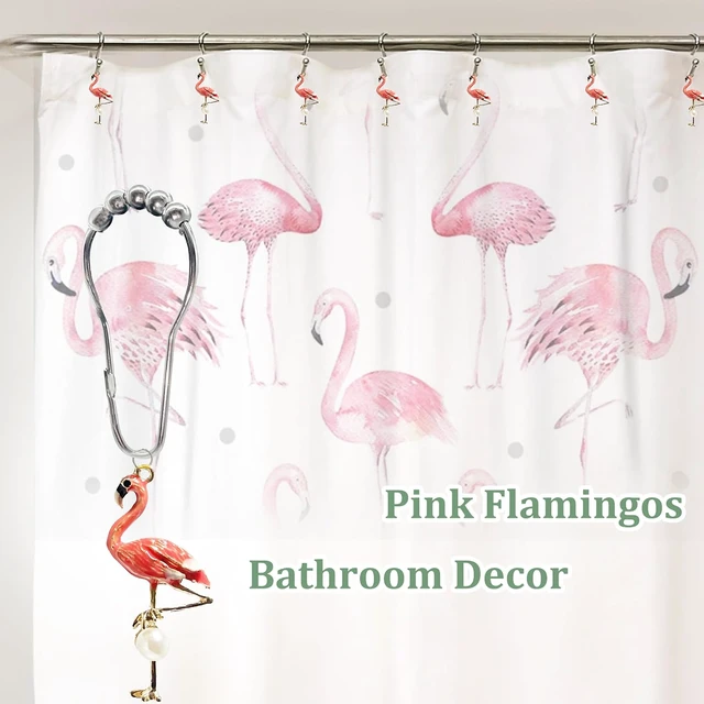 Alt view image 4 of 5 - Pink Flamingo Bathroom Decor Summer Beach Decorative Shower Curtain Hooks Rings Bathroom Decorative Accessories Set of 12, Flamingo Shower Curtain Hooks