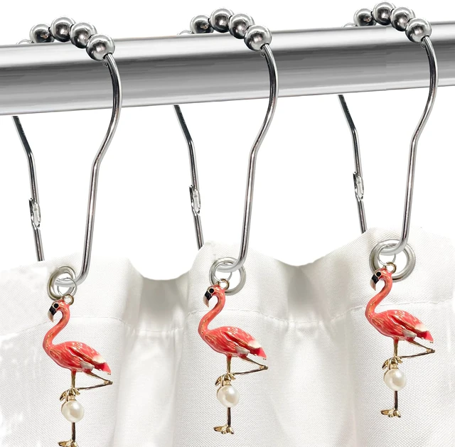 Alt view image 5 of 5 - Pink Flamingo Bathroom Decor Summer Beach Decorative Shower Curtain Hooks Rings Bathroom Decorative Accessories Set of 12, Flamingo Shower Curtain Hooks