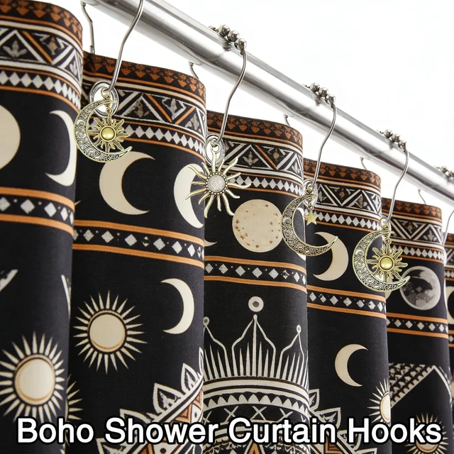 Alt view image 2 of 7 - Antique Bronze Shower Curtain Rings with Smooth Glide Rollers (Bronze), Sun Moon Stars Boho Bathroom Decor, Celestial Shower Curtain Hooks 12 Pack