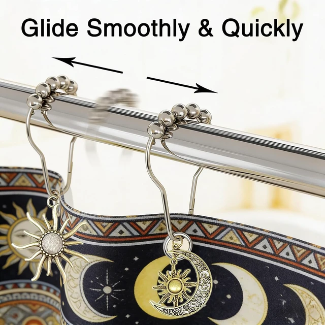 Alt view image 5 of 7 - Antique Bronze Shower Curtain Rings with Smooth Glide Rollers (Bronze), Sun Moon Stars Boho Bathroom Decor, Celestial Shower Curtain Hooks 12 Pack